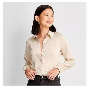 NWT A New Day Target Long Sleeve Button Front Shirt Cream Satin Small